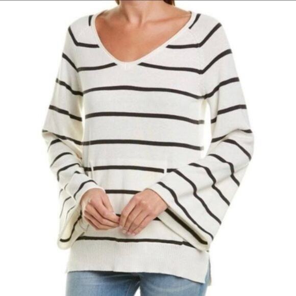 Chaser Stripe V Neck Bell Sleeve Black and White Cotton Pullover Sweater Size M - Picture 7 of 12